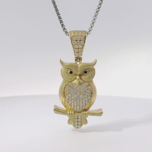 14KT Gold Charm Medium 3D Owl Flat Back with Black Eyes and White CZ Stone Body and Bell