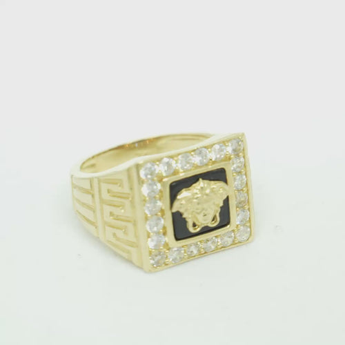 14KT Gold Ring Men's Square Onyx Medusa Head White CZ Top Stones Border Side Design Greek