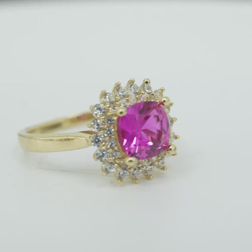 14KT Gold Ring Women's Square Magenta Pink Center CZ with Round Double CZ Border Plain Band