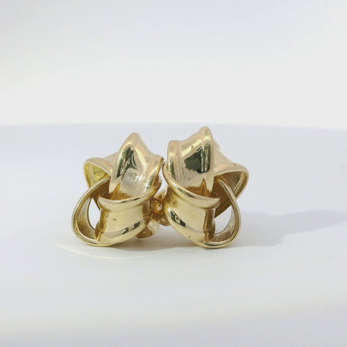 14KT Gold Earrings Medium Four Ribbon Strand Plain Pinwheel Knot with Plain Borders, Push Back Post, and Butterfly Backs