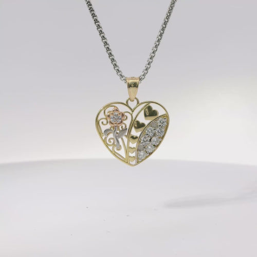 14KT Gold Charm Medium Tri Tone Flat Left Rose Heart with White CZ Stones Right Side Flower and Plain Bell