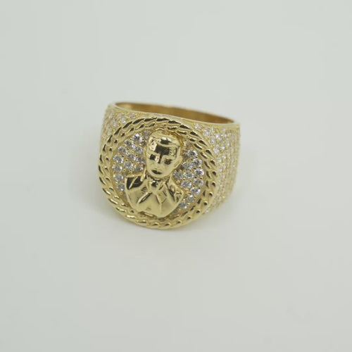 14K Gold Ring Men's Round Coin Malverde with Cuban Border and 12 Rows of White CZ Stones on Each Side of Band
