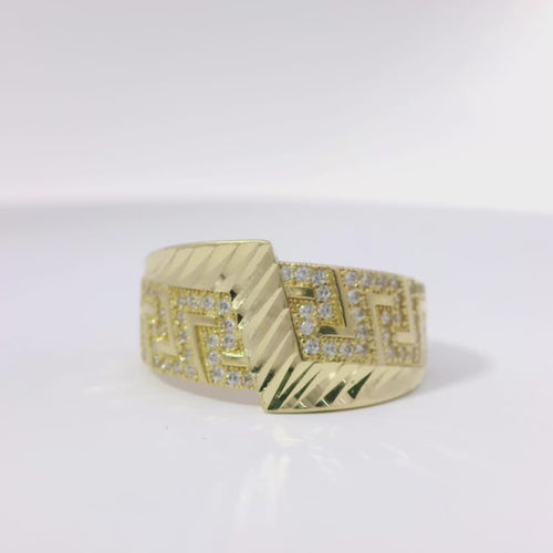 14KT Gold Ring Women's Jumbo White CZ Stone Greek Band with Diamond Cut Lightning Bolt Across Center of Band
