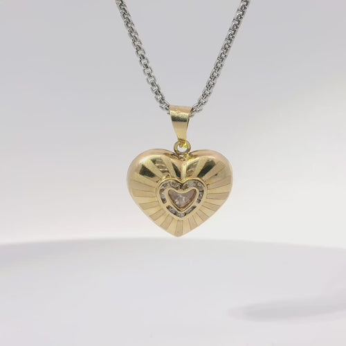 14KT Gold Charm Small Flat Back Striped Sunray Puff Heart with White CZ Stones Center and Plain Bell