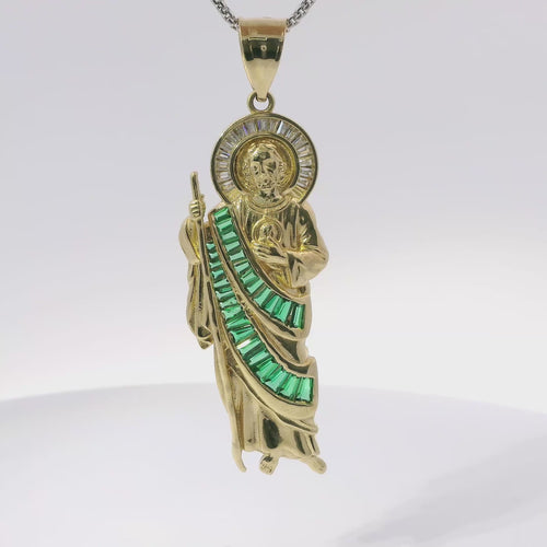 14KT Gold Charm Medium St Jude Shape with White Baguette CZ Stones Halo and Dark Green Baguette CZ Stones Robe with Plain Bell