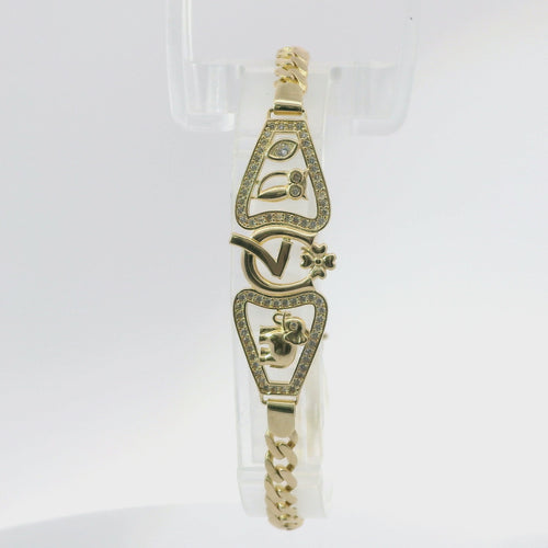 14KT Gold Bracelet Women's Lucky Plaque with Evil Eye, Owl, Horseshoe, Lucky 7, Four Leaf Clover, and Elephant with White CZ Stones Borders and White CZ Stone End Cuban Link Lobster Clasp Band