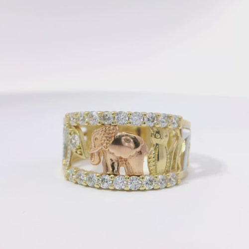 14KT Gold Ring Women's Open Split Band with White CZ Stones Border (2 palm trees/ Horseshoe/ Leaf/ Elephant/ Owl/ Man/ 7/ 2 Plam Trees)