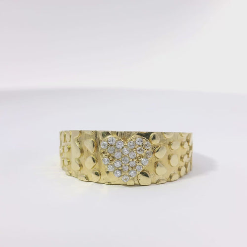 14KT Gold Ring Women's White CZ Stone Heart Center Cluster with Nugget Band