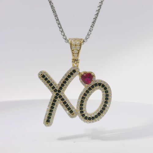 14KT Gold Charm Large Hug and Kiss Red CZ Heart "XO" Black CZ Stone Center with White CZ Stones Border and Bell