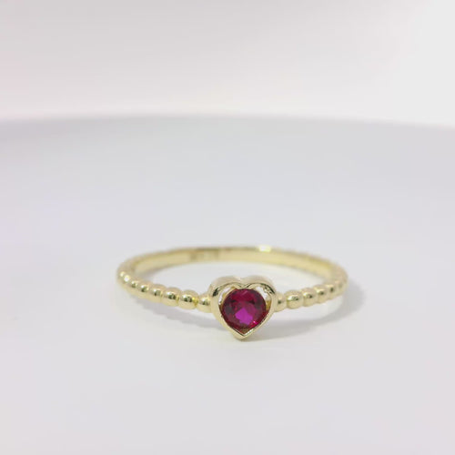 14KT Gold Ring Women's Red Round CZ Stone Center with Plain Heart Shape Border and Plain Beaded Band