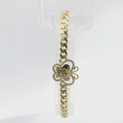 14KT Gold Bracelet Women's Single Charm Quinceanera Sunray Butterfly with White CZ Stones Border and White CZ Stone End Cuban Link Lobster Clasp Band