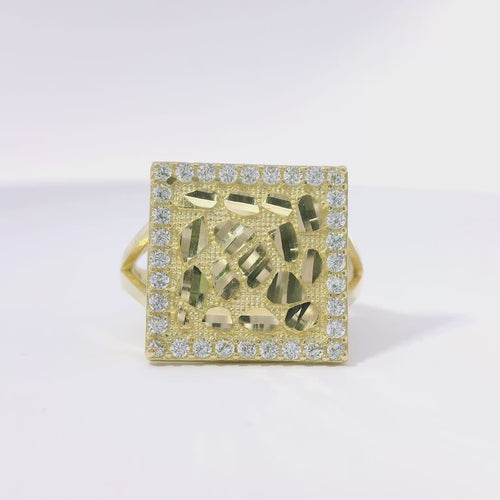 14KT Gold Ring Women's Square Nugget Center with White CZ Stones Border and Plain Split Band