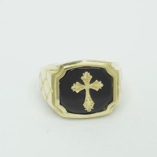 14KT Gold Ring Men's Square Cross Plain Onyx Background and Border Side Design Triple Rhombus Stacked Diamond Shape
