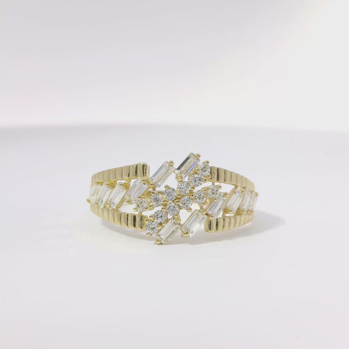14KT Gold Ring Women's Light Weight Baguette White CZ Stone Open Snowflake Center Mock Bypass Band