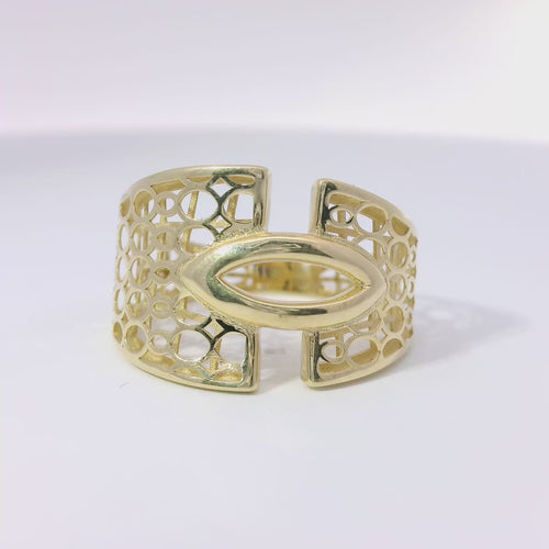 14KT Gold Ring Women's Abstract Eye Shape Center Split Band Design with Oval Lattice Cutouts Band