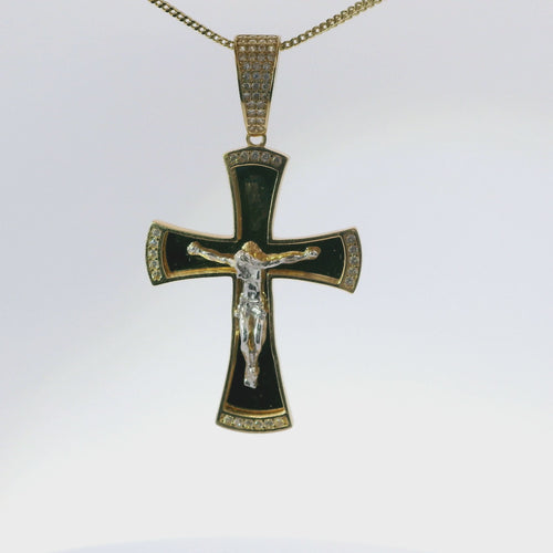 14KT Gold Charm Large Two Tone Sunken Center Crucifix Cross with Flared White CZ Stones Ends, Plain Back Plate, and White CZ Stones Bell