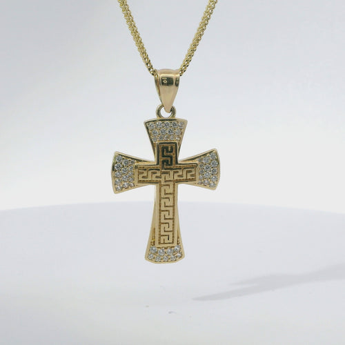 14KT Gold Charm Medium Two Tone Greek Center Cross with Flared Ends, White CZ Stones Tips and Plain Bell