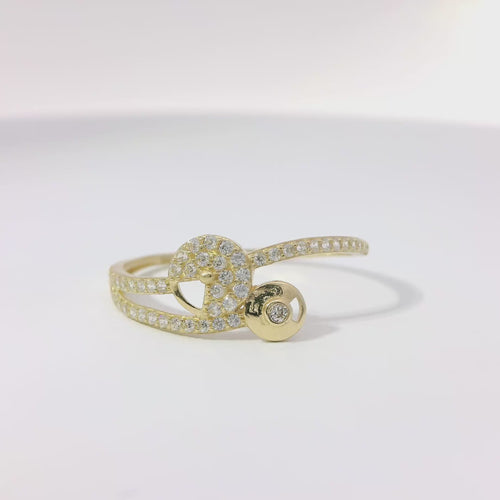 14KT Gold Ring Women's Light Weight White CZ Stones Round Pacman Shape Disc Center with Plain Round Disk Bypass Band