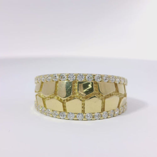 14KT Gold Ring Unisex Jumbo Nugget Band with White CZ Stone Border