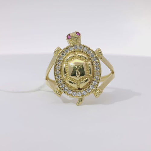 14KT Gold Women's Ring Jumbo Plain Shell Turtle with White CZ Stones Border Pink Eyes Plain Split Band