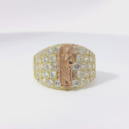 14KT Gold Ring Women's Two Tone St Jude with Five Row White CZ Stone Background