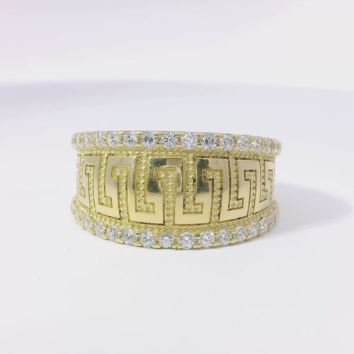 14KT Gold Ring Women's Jumbo Greek Center with White CZ Stones Top and Lower Borders Band
