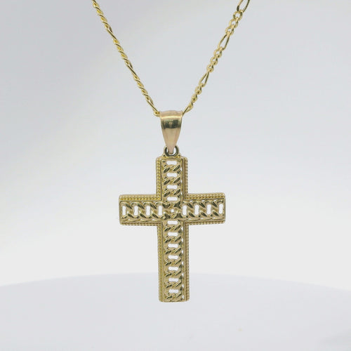 14KT Gold Charm Medium Open Diamond Cut Chain Link Cross with Plain Bell