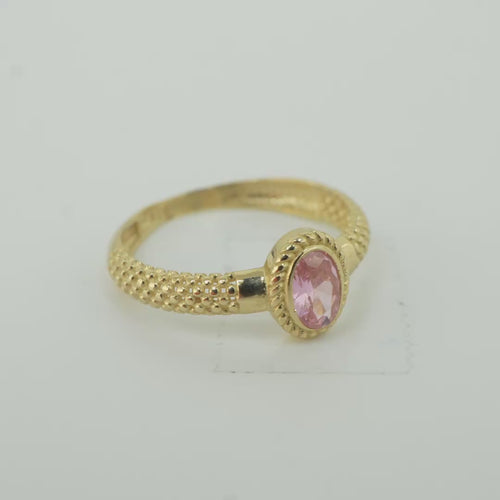 14KT Gold Ring Women's Oval Pink Center Stone with Rope Border Plain Diamond Cut Band
