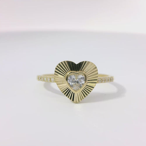 14KT Gold Ring Women's Light Weight White CZ Heart Stone Center with Plain Sunray Heart Border and White CZ Stones Band