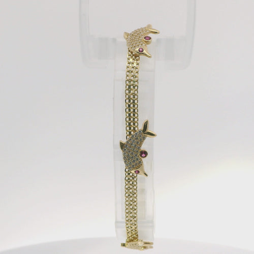 14KT Gold Bracelet Women's Three Charm White CZ Stones Dolphin with Dark Pink CZ Stones Eyes and Fin with White CZ Stone End Bizmark Link Lobster Clasp