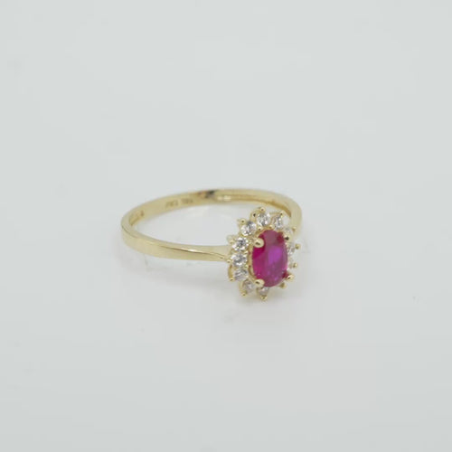 14KT Gold Ring Women's Flower Red Oval Center CZ Stone with White CZ Stone Petal Borders and Plain Band