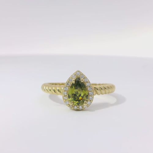 14KT Gold Ring Women's Yellow Pear Shape Center CZ Stone White CZ Stones Border Plain Rope Band