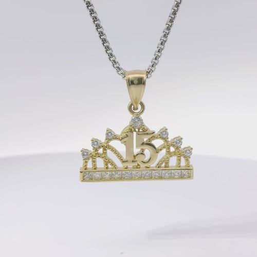 14KT Gold Charm Medium Quincenaera "15" Center Seven White CZ Stones Tiara Top and White CZ Stones Band with Plain Bell