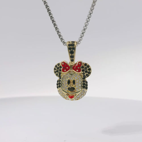 14KT Gold Charm Mickey Mouse Head with White CZ Stone Face Black CZ Ears and Bell with Red Enamel Bow and Tongue and Black Enamel Eyes and Nose