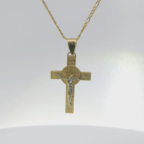 14KT Gold Charm Medium Two Tone St Benedict Coin Center Cross with Plain Bell