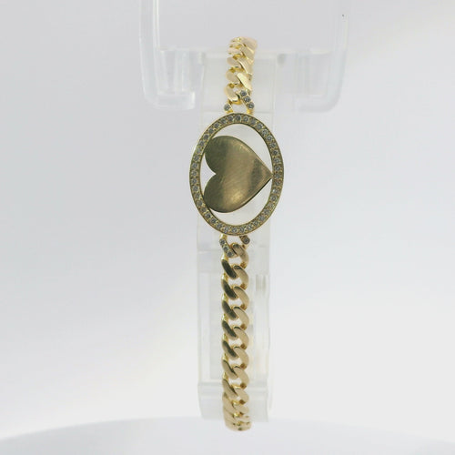 14KT Gold Bracelet Women's Single Charm Engravable Heart with Oval White CZ Stones Border and White CZ Stone End Cuban Link Lobster Clasp Band