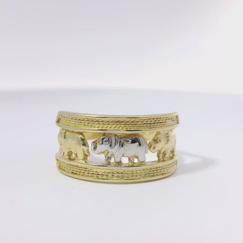 14KT Gold Ring Women's Two Tone Open Split Band with Three Left Facing Elephants Gold, White Gold, Gold and Double Plain Top/Lower Border Band