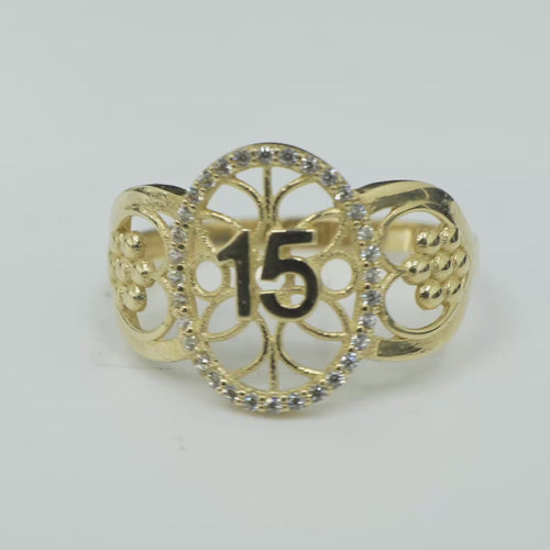 14KT Gold Ring Women's "15" Open Floral Oval Quinceanera Center with White CZ Stones Border Open Hearts on Shank with Seven Dot Flower Design and a Plain Band