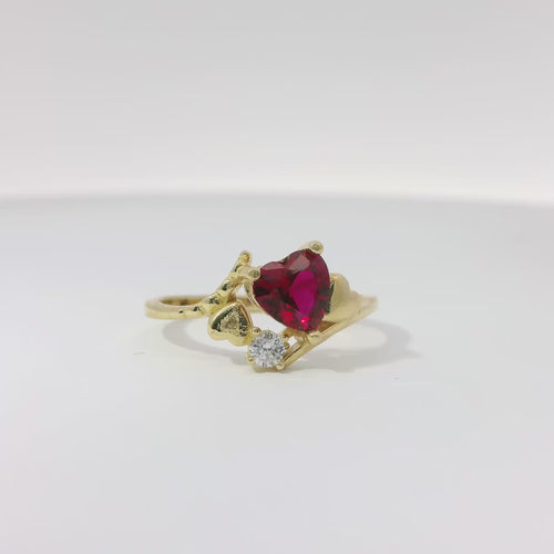 14KT Gold Ring Women's Red Heart Shape Center Next to White CZ Stone Hearts Bypass Band