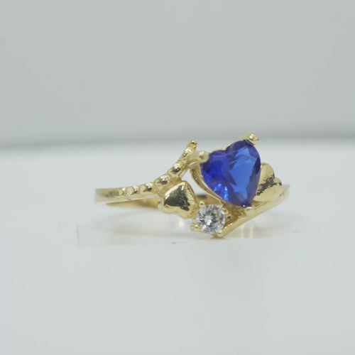 14KT Gold Ring Women's Navy Blue Heart Center CZ Stone Left White Round CZ Stone with Two Plain Hearts and Plain Bypass Band Upper - Rope Lower Band Plain