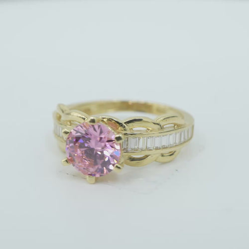 14KT Gold Ring Women's Round Pink 6 Prong Center CZ Scallop Border Baguette Band