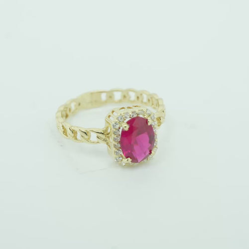 14KT Gold Ring Women's Rectangle Red Center Stone with White CZ Stone Border Chino Band