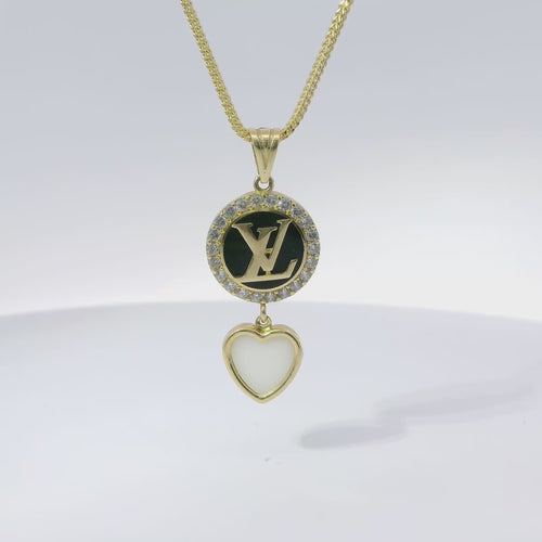14KT Gold Charm Extra Small LV Coin with Black Enamel Center, White CZ Stone Border, White Enamel Hanging Heart and Plain Bell