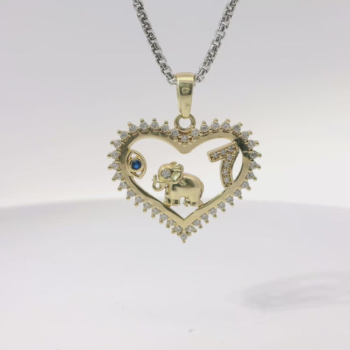14KT Gold Charm Medium White CZ Stones Open Heart Outline with Navy Blue CZ Eye, White CZ Stone Eyed Plain Elephant, White CZ Stones 7, and Plain Bell