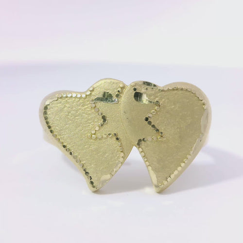 14KT Gold Ring Women's Double Heart Center Connected with Star and Plain Split Band