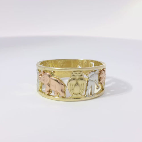 14KT Gold Ring Women's "Good Luck" Tri Tone Open Split Band with Plain Borders Flower, Seven, Horseshoe, Elephant, Owl, Man, Eye, Flower with Plain Border