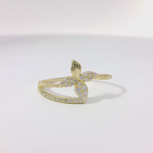 14KT Gold Ring Women's Light Weight Four Petal Flower Center with Three White CZ Stones Petals and White CZ Stones Bypass Band