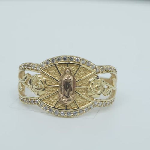 14KT Gold Ring Women's Horizontal Oval Two Tone Virgin Mary Sunray Two Roses White CZ Stone Split Band Border