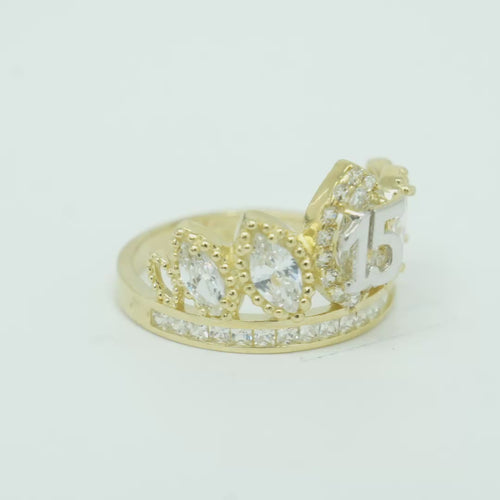 14KT Gold Ring Women's "15" Quinceanera Crown White CZ Stones with White Square CZ Stones Band Plain Shank