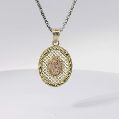 14KT Gold Charm Medium Oval Two Tone Virgin Mary Lattice with Diamond Cut Border and Plain Bell